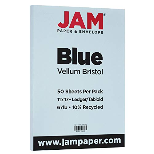 JAM PAPER Vellum Bristol 65lb Cardstock - 11 x 17 Ledger Size Coverstock - 147 gsm - Blue - 50 Tabloid Sheets/Pack - color: Blue, size: 11" x 17"