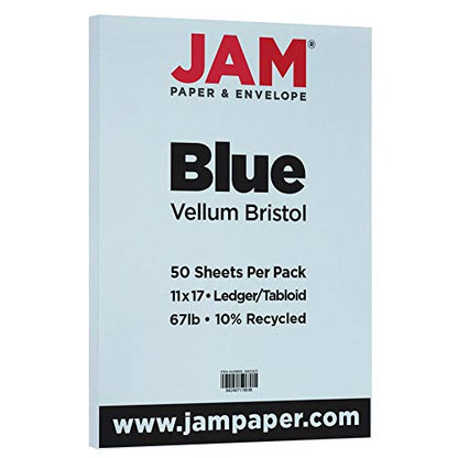 JAM PAPER Vellum Bristol 65lb Cardstock - 11 x 17 Ledger Size Coverstock - 147 gsm - Blue - 50 Tabloid Sheets/Pack - color: Blue, size: 11" x 17"