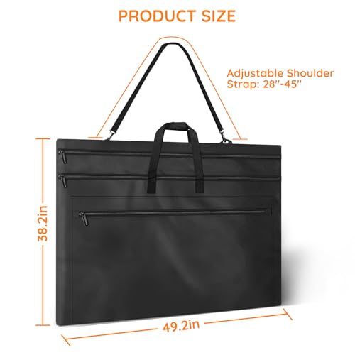 ZKOO Light Weight Art Portfolio Bag, 36 x 48 Extra Large Art Portfolio Case with Detachable Shoulder Strap, Carrying Storage Case for Artwork, Canvas, Poster, Sketching, and Drawing (Black) - size: 36 x 48 inches