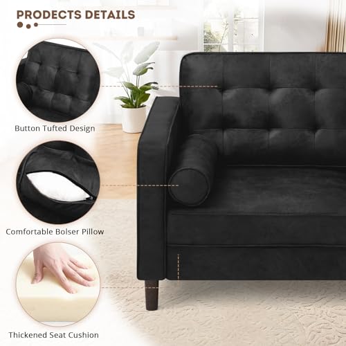 67" Suede Leather 2 Seater Sofa with Two Bolster Pillows, Black - color: Black, size: 67" Loveseat