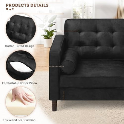67" Suede Leather 2 Seater Sofa with Two Bolster Pillows, Black - color: Black, size: 67" Loveseat