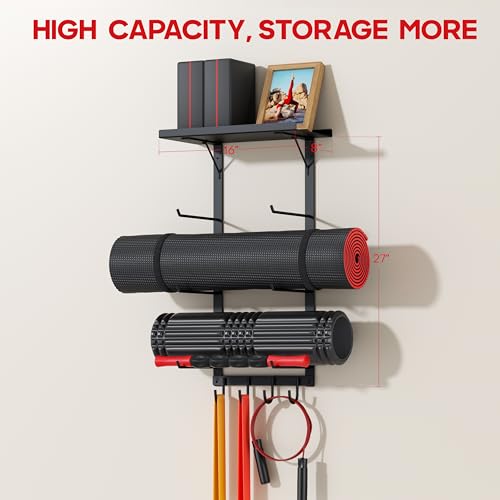 Yoga Mat Holder Wall Mount, Home Gym Storage Rack with Top Floating Shelf | 4-Tiers Fitness Accessories Organizer with Hooks for Foam Roller / Resistance Band / Workout Equipment/ Block / Pilates Strap