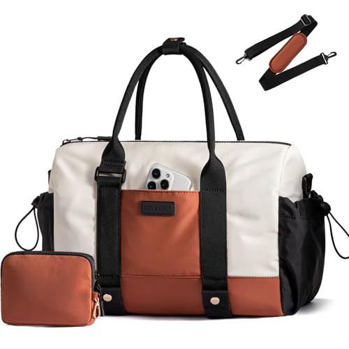 LOVEVOOK Small Gym Bag for Women with Yoga mat Holder, Mini Duffle Bag for Travel with Wet Pocket, Overnight Personal Item Bags (Black-White-Brown, 16.5 inch-Large-2Pcs) - color: Black-White-Brown, size: 16.5 inch-Large-2Pcs