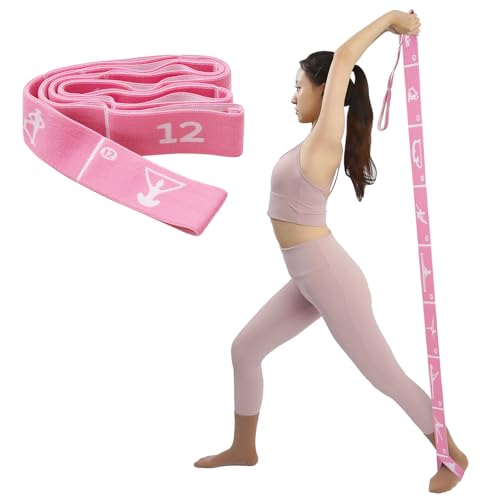 12 Loops Yoga Strap with Stretching Straps for Physical Therapy, Pilates Straps for Full Body Deep Stretch, Extra Long Elastic Stretch Bands for Tall People, Adjustable Loop Belt for Gymnastics, Ballet, Dance & Flexibility Training - color: Pink