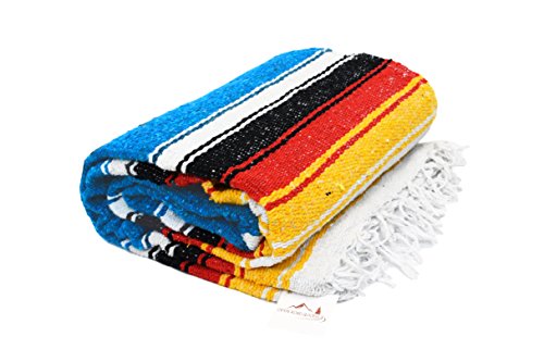 Open Road Goods Mexican Diamond Blanket - XL Heavyweight Yoga Blanket – Handmade in Mexico - Thick Boho Serape Saltillo Style Throw for Beach, Picnic, Home, Camping and More! (Sky Blue Sunset) - color: Sky Blue Sunset