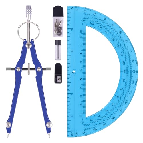Unjoo Compass and Protractor Set, Math Compass for Geometry (Navy Blue) | Professional Drawing Compass Tool, Metal Compass with Extra Refills, 6 Inch Math Protractors 180 Degree, For School, Office - color: Navy Blue