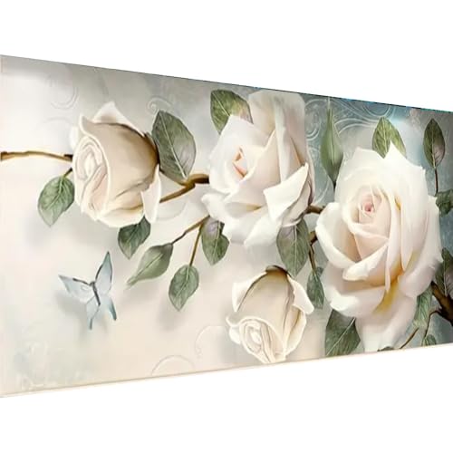 COHAYISY Large White Rose Diamond Art Painting Kits, Flower 5D Diamond Painting for Adults Beginners DIY Full Drill Round Art Gems for Home Wall Decor 27.5 X 15.7inch - color: 25-55 White Rose