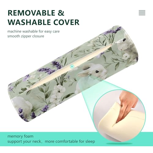 Bolster Pillow Neck Pillow Round Soft Health Memory Foam Pillows Long Cylindrical Body Pillow with Removable Cover Cute Back Yoga Bunny Lavender Flowers Green 17" x 5.5" - color: Bunny Lavender Flowers Green