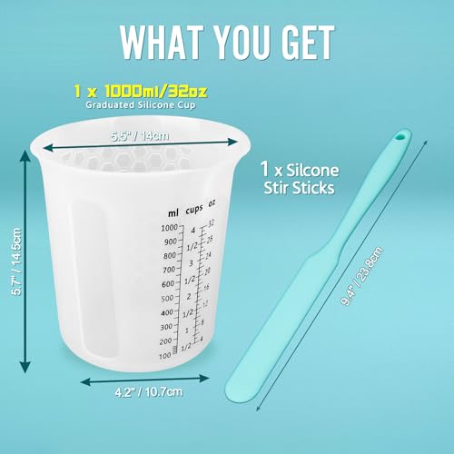 Silicone Resin Mixing 1L Measuring Cup Set for Resin Supplies, Easy-to-Read Marks, 1000ml/32oz Large Cup, Thickened Reusable Silicone Cups for Epoxy Mixing, Jewelry Making - size: 1*1000ml (Black Marks)