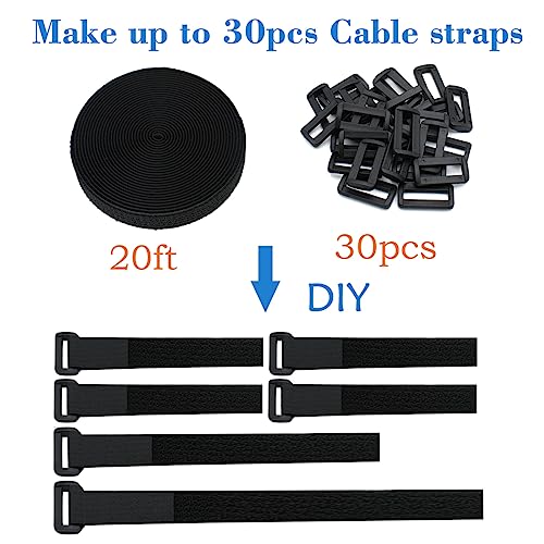 YiwerDer 1"x20FT Hook and Loop Straps, with 30 Plastic Buckles, Adjustable Fastening Cable Straps, Cut-to-Length Cinch Strap, Reusable Nylon Securing Cord Ties for Organizer or Storage - Black - style: 20FTx 1Inch