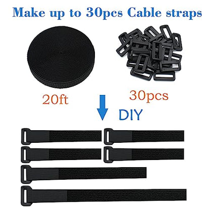 YiwerDer 1"x20FT Hook and Loop Straps, with 30 Plastic Buckles, Adjustable Fastening Cable Straps, Cut-to-Length Cinch Strap, Reusable Nylon Securing Cord Ties for Organizer or Storage - Black - style: 20FTx 1Inch