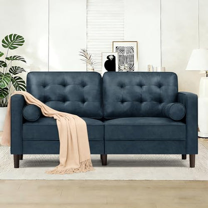67" Suede Leather 2 Seater Sofa with Two Bolster Pillows, Blue - color: Blue, size: 67" Loveseat