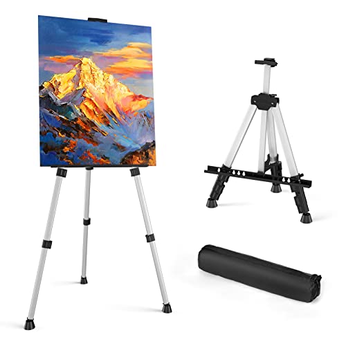 Art Painting Display Easel Stand - Silver Adjustable Floor Artist Easel | Aluminum Metal Tripod Silver Stand with Bag, Height from 17" to 66", Sturdy for Table-Top/Floor Painting, Drawing, Displaying - style: Silver - 1pack