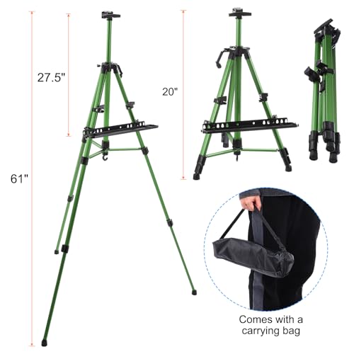 PATIKIL Artist Easel Stand, Paint Easel for Canvas Painting with Detachable Tray, Metal Tripod Easel Adjustable Height from 20 to 61 Inch for Table-Top/Floor Painting Drawing, Green - color: Green