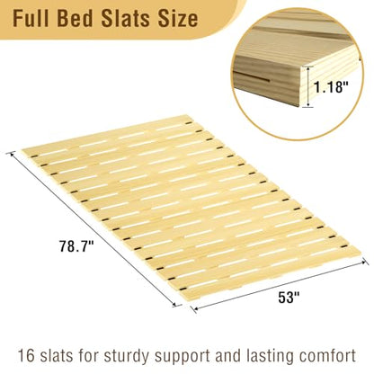 Japanese Tatami Mat Floor Bed, Knotless Solid Wood, Roll-Up Slatted, Bed Plate with 2 Storage Straps, Moisture-Proof and Breathable for Floor Sleeping or Futon Mattress, Full - size: Full