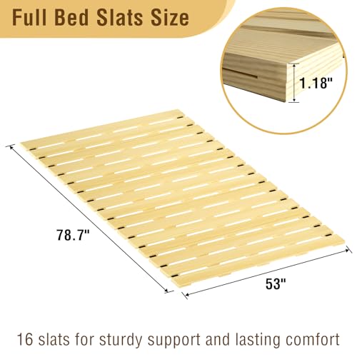 Japanese Tatami Mat Floor Bed, Knotless Solid Wood, Roll-Up Slatted, Bed Plate with 2 Storage Straps, Moisture-Proof and Breathable for Floor Sleeping or Futon Mattress, Full - size: Full