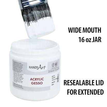 Handy Art Acrylic Gesso, 16 oz, White, Primer for Canvas, Wood, & Artist Painting Surfaces, Enhances Acrylic Paint Adhesion, Low Viscosity, Thick Coverage, Certified Safe & AP Non-Toxic, Made in USA - color: White Gesso, size: 16 Fl Oz (Pack of 1)