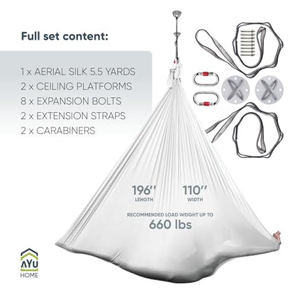 AyuHome Aerial Silks Yoga Swing Aerial Hammock Kit for Home | Premium aerial silks yoga swing kit with rigging hardware for aerial yoga, gymnastics, and home fitness - color: Aerial silk - White - New