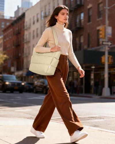 HOTOR Puffer Tote Bag for Women, Multi-Pocket, Zippered - color: Beige, size: 18.1" × 6.3" × 11.8"