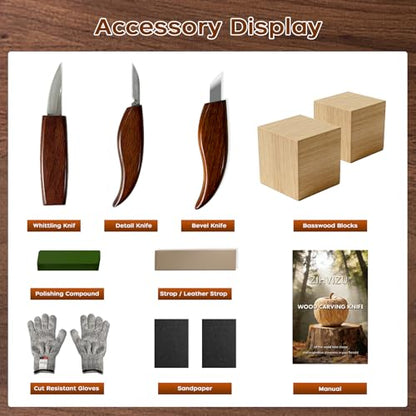 ZIHVIZU Woodcarving Tool Set,Including Whittling Knives, Practice Wood Blocks, Safety Gloves and a Sharpener. The Knives are Sharp and Durable,Specially Designed for DIY woodcarving Beginners