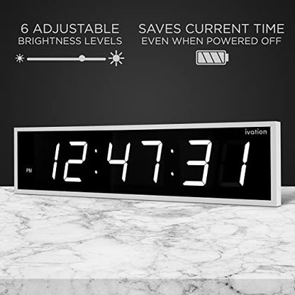 Ivation Oversized Digital Wall Clock with Large LED Display & Timer, 48" | Multi-function with Timer, Stopwatch, Alarms, Temp & Date, Aluminum frame, 6 Brightness levels, Time memory, Remote | White - color: White, size: 48" Inch