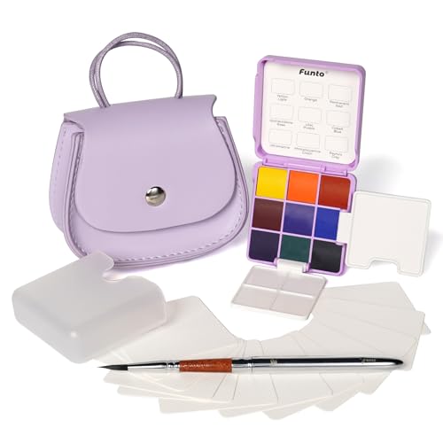 Funto Mini Watercolor Set Travel Kit with 9 Colors, Leather Bag & Watercolor Paper, Portable Drawing & Painting Supplies for Beginners, Art Gift Set - style: Purple