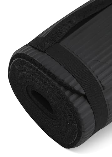 TKO Extra Thick Exercise Yoga Mat with Carrying Strap | Premium High-Density Padding for Joint Support during Yoga, Pilates & Floor Workouts | Durable and Portable - Black