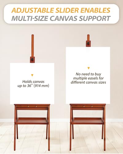 Painting Easel Stand with Storage Tray, 57"-72" Height Adjustable Art Easel | Non-foldable beech wood easel, H-frame artist easel stand for painting, Wooden floor easel holds canvas up to 36" - color: Walnut