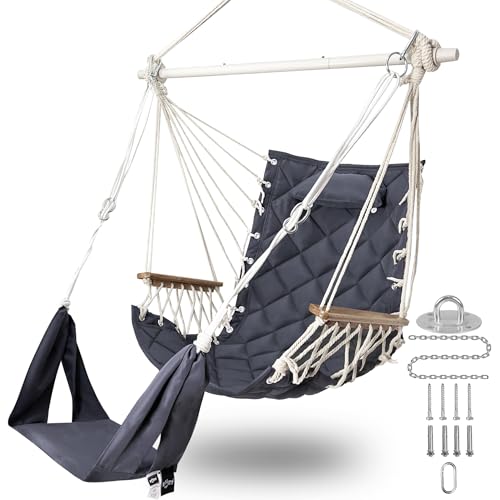Hammock Chair Hanging Swing,with Footrest&Wooden Armrest;Dark Grey | Steel Spreader Bar, Headrest Piillows,Quilted Fabric for Porch/Garden/Outdoor/Indoor,Upto350lbs
