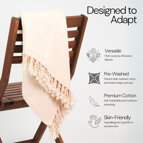 100% Cotton Gauze 50"X60" Throw Tassel 4 Layered Blanket- Parchment - color: Parchment, size: 50"X60" Throw