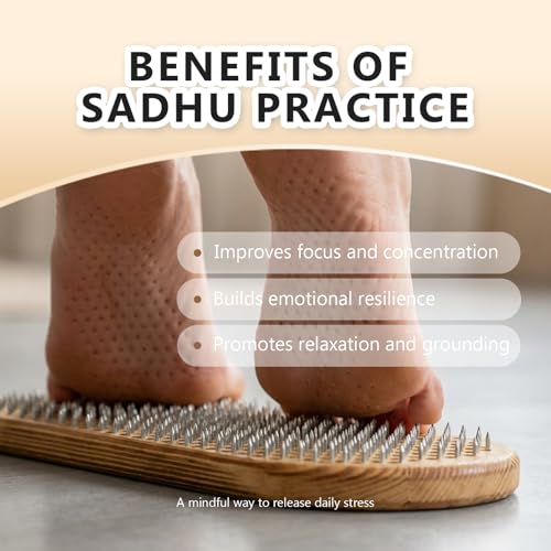 Sadhu Board Set, Wooden Board with 10mm Nail Spacing & Galvanized Nails, Acupuncture Foot Massage Tool for Standing, Yoga, Mindfulness & Meditation, Gift Box, Storage Bag & Cork Roller
