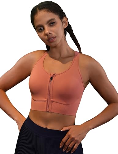 Cordaw Zip Front Racerback High Impact Sports Bra - color: Brick Red, size: Small