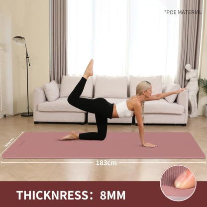 Extra Wide & Thick 8mm Yoga Mat, 72"x31.5" | Large Non Slip Exercise Mat, Premium POE Material, Superior Cushioning & Stability, With Strap for Home Gym, Pilates - color: Dull Pink