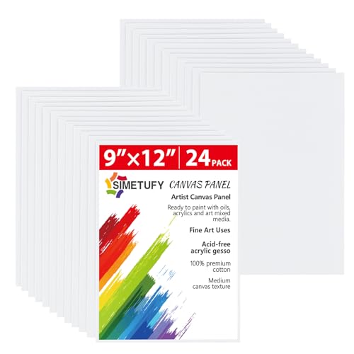 Simetufy 24 Pack 9x12 inch Flat Canvas Boards for Painting 8oz Gesso Primed | Acid-Free 100% Cotton Canvas Panels for Acrylics Oil Watercolor Tempera Paints - size: 9"x12"
