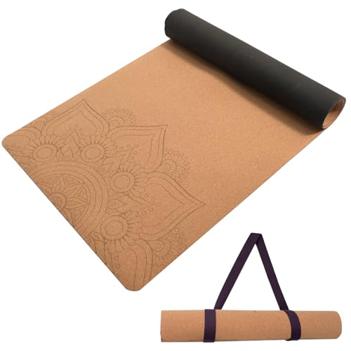 U&M Cork Yoga Mat Non-Slip, Resists Sweat and Odors Exercise Mat with Carrying Strap for Hot Yoga, Pilates, Floor & Fitness Workouts, Fitness Mats Non-Slip Natural Rubber Base & Cork Mat (72'' x 26'' x 5mm Thick) - color: flower