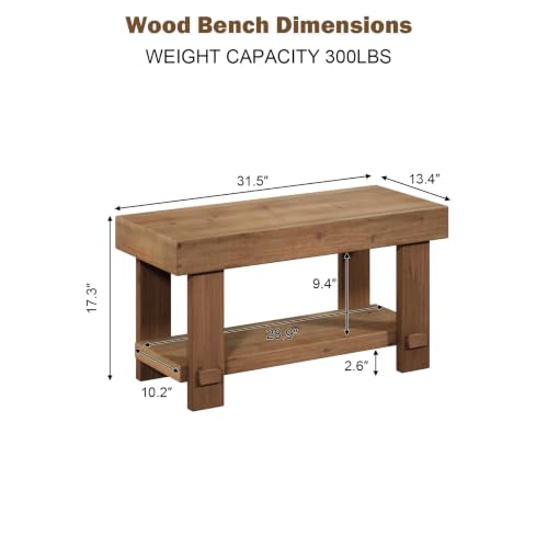 31.5" Solid Wood Bench, Small Farmhouse Narrow Storage Bench, Natural | with Storage Shelf, Rustic, Easy Assembly, for Indoor, Entryway, Dining Room, Living Room and Hallway - size: 31.5"W