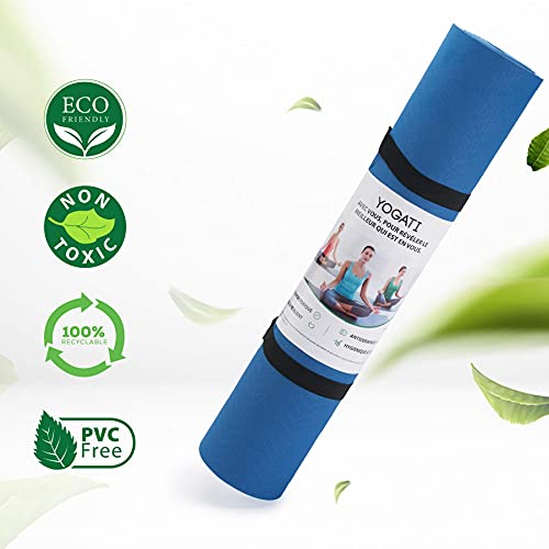 YOGATI® 정렬 라인이 있는 스트랩이 달린 요가 매트. 여성, 남성 및 아동용 홈 운동 매트. 필라테스와 피트니스를 위한 두꺼운 미끄럼 방지 요가 매트. 브라운, 핑크 및 퍼플 요가 매트 - color: 블루.