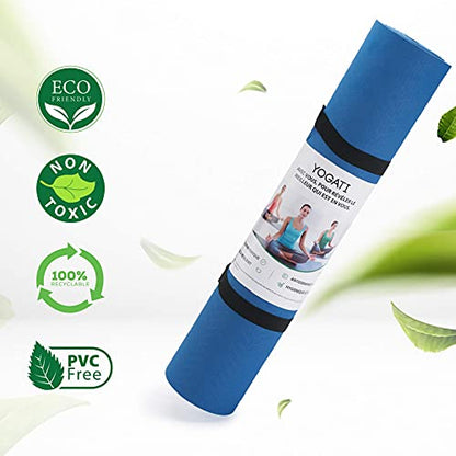 YOGATI® 정렬 라인이 있는 스트랩이 달린 요가 매트. 여성, 남성 및 아동용 홈 운동 매트. 필라테스와 피트니스를 위한 두꺼운 미끄럼 방지 요가 매트. 브라운, 핑크 및 퍼플 요가 매트 - color: 블루.