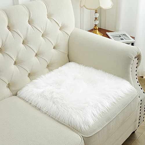 Softlife White Small Faux Sheepskin Throw Rug Fluffy Shag Fur Chair Cover Pad Washable Square Area Rugs for Living Room Bedroom Dorm 20" x 20" - color: White