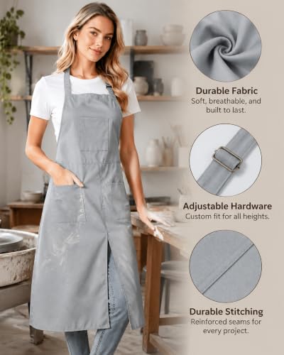 Pottery Split-Leg Make Ceramic Apron, Long Split-Leg Artist Painting Apron with 3 Pockets for Men and Women - color: Grey