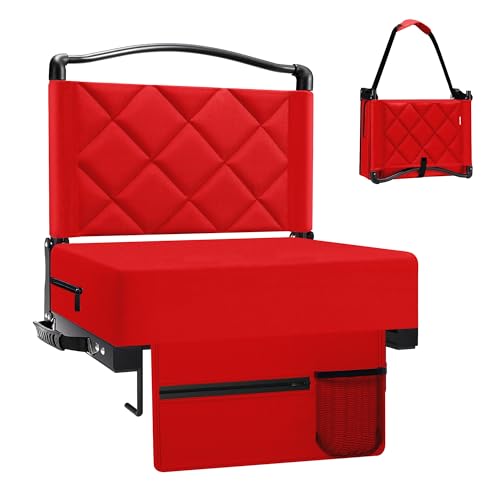 Stadium Seats with Back Support and Cushion Thick Padded Bleacher Chairs with Shoulder Strap, Portable Folding Stadium Seat Chairs for Bleacher Includes Cup Holder and Side Pocket, Red - color: With Pocket-red, size: 1pcs