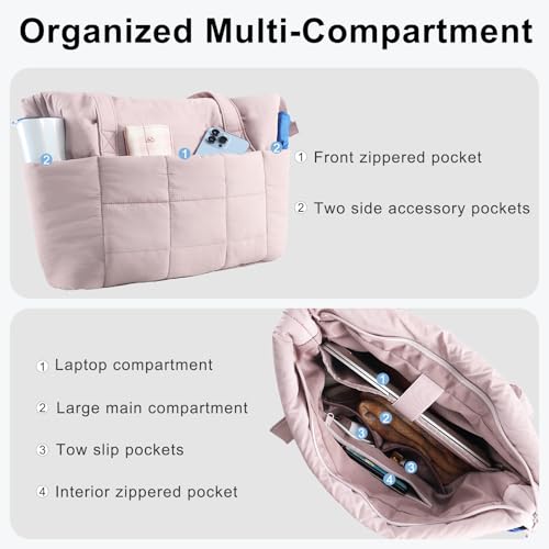 U+U Puffer Tote Bag for Women, Quilted Work Tote with Compartments | Work-to-Travel Design with Yoga Mat Strap - color: Dusty Pink