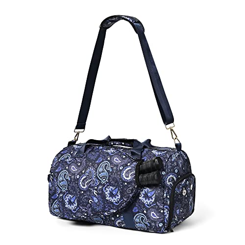 Boulder Bee Pickleball Tote Bag for Women with Paddle Holder | Fits 2 paddles. 2 side pockets for water bottle. Lightweight. Vintage floral patterns. Perfect gym & court bag. - color: Blue cashew flower-Duffel Bag