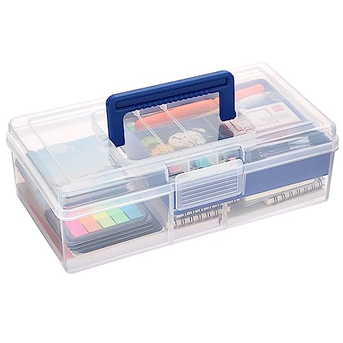 JUXYES Carry Craft Organizers Storage Box with Handle Lid and Diveded Tray | Clear Plastic Art Bin Sewing Storage Containers Tackle Box, 2 Layers Portable Storage Case for Craft, School Office Supplies - color: Blue, size: 1 Pack