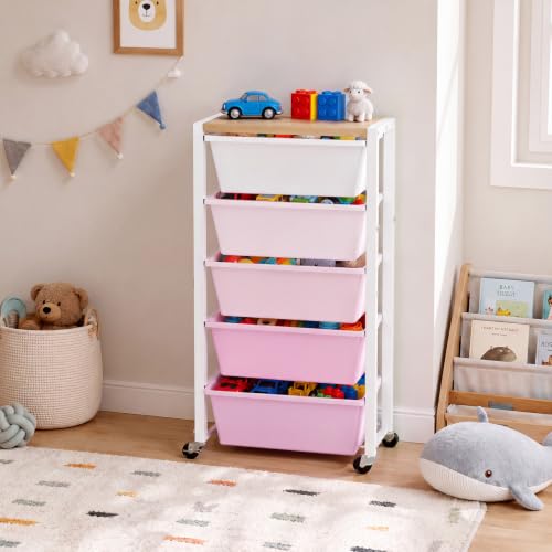 Rolling Cart with 5 Drawers, Plastic Drawer Storage Carts with Wheels & Wooden Tabletop, Metal Utility Cart for Office Bedroom Living Room Classroom, Craft Organization and Storage, Pink - color: Pink