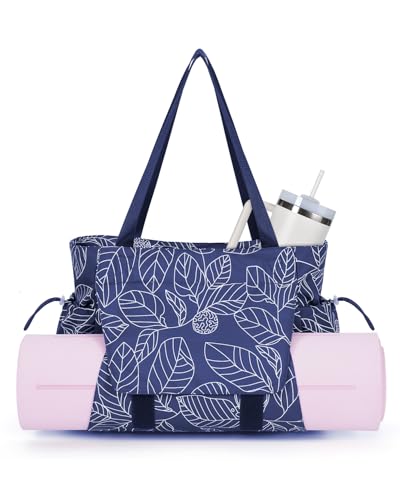 sportsnew Yoga Mat Bag Waterproof Tote Gym Bag Mat Carrier W/Wet Pocket | hook-and-loop mat holder 5s quick access, 40oz handled bottle pocket, wet bag, lightweight waterproof, drawstring pockets,19L - color: Navy Blue Leaves