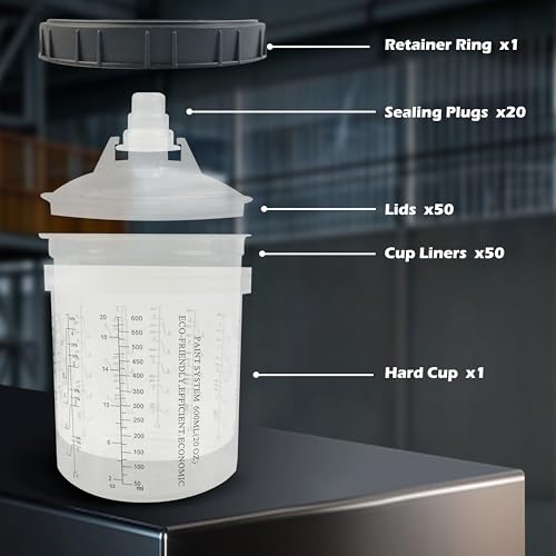 ENDOZER Disposable Paint Cup 50 Pack 20 Ounce(600ML) Mixing Cups for Automotive Spray Gun with 50 Liners and Lids System, 1 Hard Cup with Retainer Ring, 20 Plugs, 2 Adapters for Paint Gun - color: Dis-600ml-50pcs