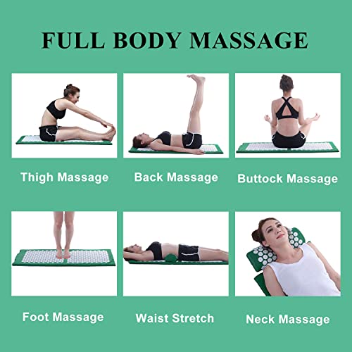 XiaoMaGe 47" Acupressure Mat and Pillow Set with Carry Bag (Green) | Large acupuncture mat for neck & back pain relief, muscle relaxation, circulation support, and post-workout recovery - color: Green-large