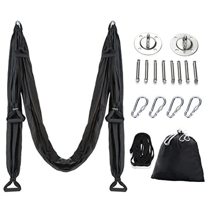 ZELUS Aerial Yoga Swing Sling Strong Yoga Hammock Kit Set Trapeze Inversion Equipment Include 2 Extensions Straps and Ceiling Mounting Kit - color: Black