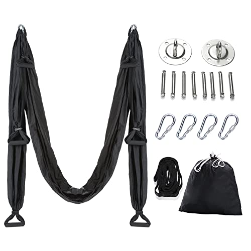 ZELUS Aerial Yoga Swing Sling Strong Yoga Hammock Kit Set Trapeze Inversion Equipment Include 2 Extensions Straps and Ceiling Mounting Kit - color: Black